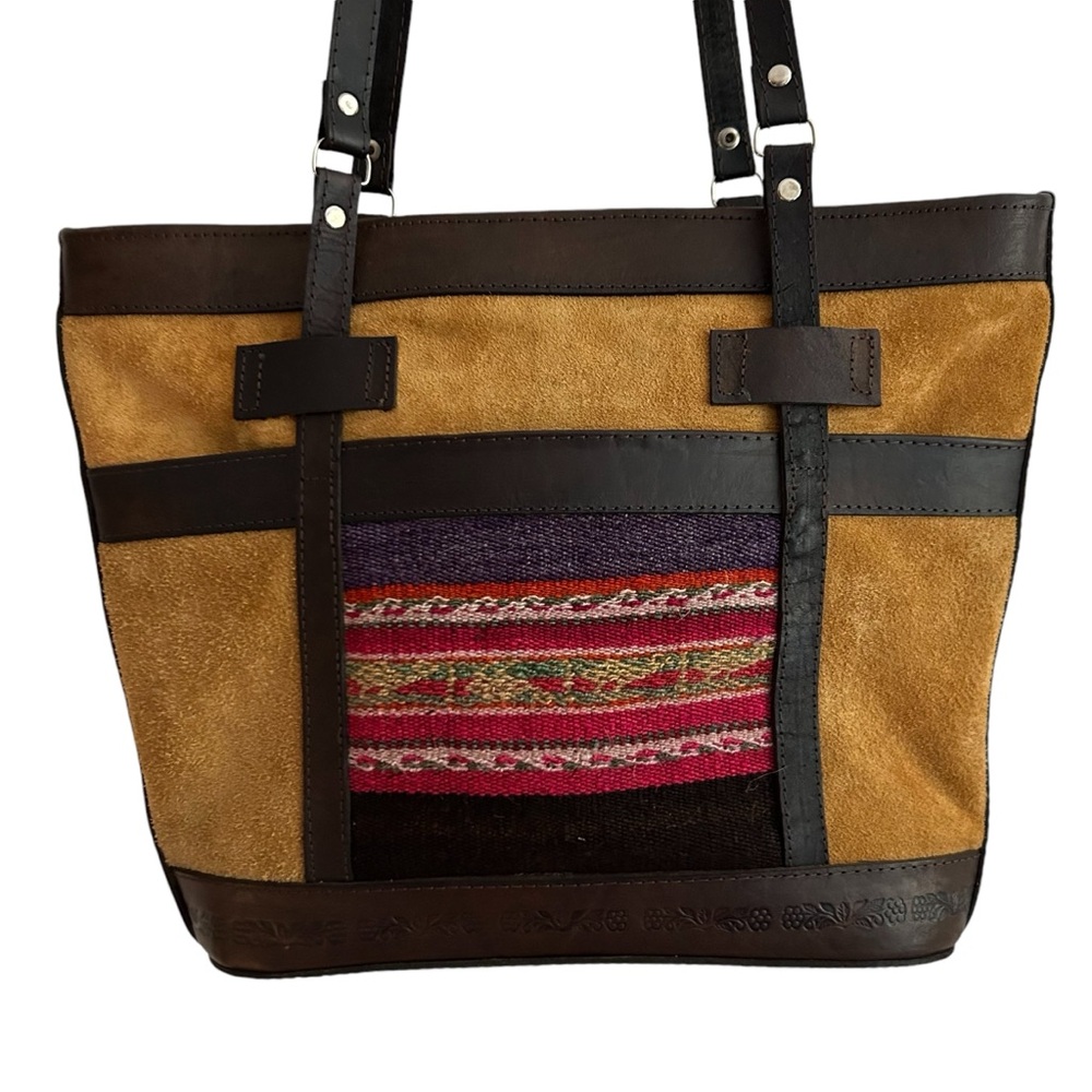 Leather-Accented Tan Suede Bolivian Textile Artisan Crafted Shoulder Tote Bag